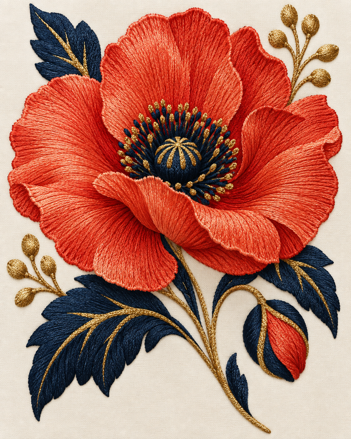 Digital machine embroidery preview of a coral poppy with navy leaves on ivory fabric