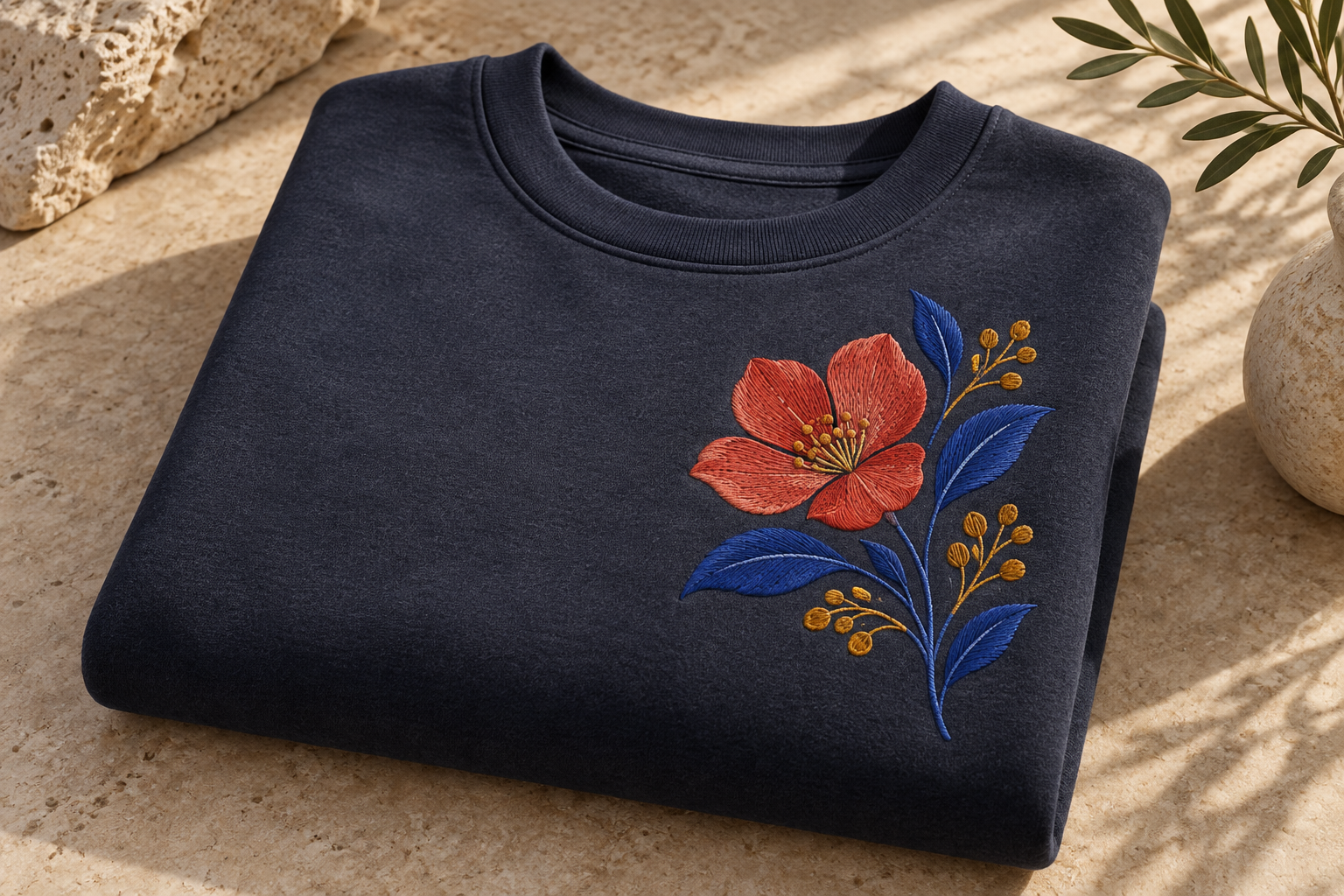 Machine embroidered floral motif on a navy sweatshirt